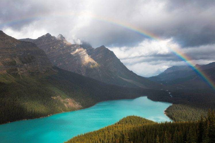 nature, Landscape, Rainbows, Lake, Mountain, Forest, Overcast, Sunlight, Trees, Turquoise, Water, Banff National Park, Canada HD Wallpaper Desktop Background
