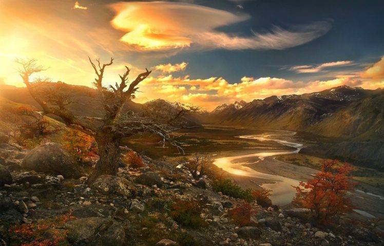 nature, Landscape, River, Sunset, Mountain, Valley, Trees, Shrubs, Clouds, Sky, Sunlight, Patagonia, Argentina HD Wallpaper Desktop Background
