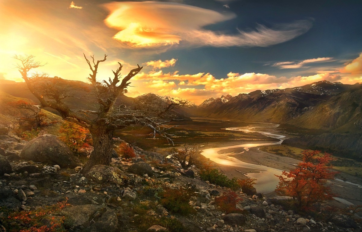 nature, Landscape, River, Sunset, Mountain, Valley, Trees, Shrubs, Clouds, Sky, Sunlight, Patagonia, Argentina Wallpaper