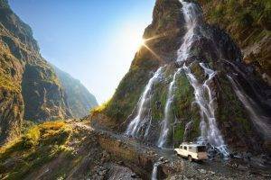 nature, Landscape, Mountain, Waterfall, Sun Rays, Dirt Road, Vehicle, Sunlight, Moss, Shrubs, Nepal