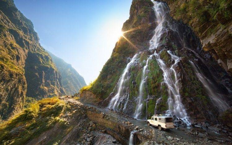 nature, Landscape, Mountain, Waterfall, Sun Rays, Dirt Road, Vehicle, Sunlight, Moss, Shrubs, Nepal HD Wallpaper Desktop Background