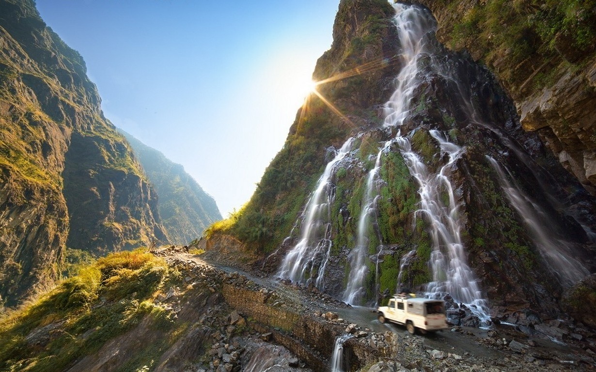 nature, Landscape, Mountain, Waterfall, Sun Rays, Dirt Road, Vehicle, Sunlight, Moss, Shrubs, Nepal Wallpaper