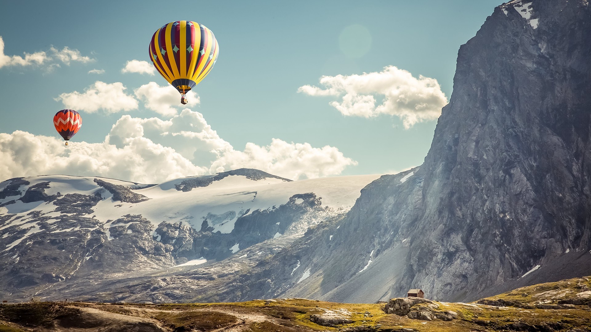 hot Air Balloons, Clouds, Snow, Cliff, Nature, Black, Mountain