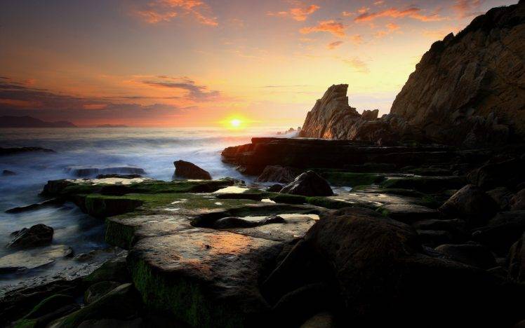 photography, Nature, Landscape, Sea, Water, Coast, Rock, Rock Formation, Sunset HD Wallpaper Desktop Background