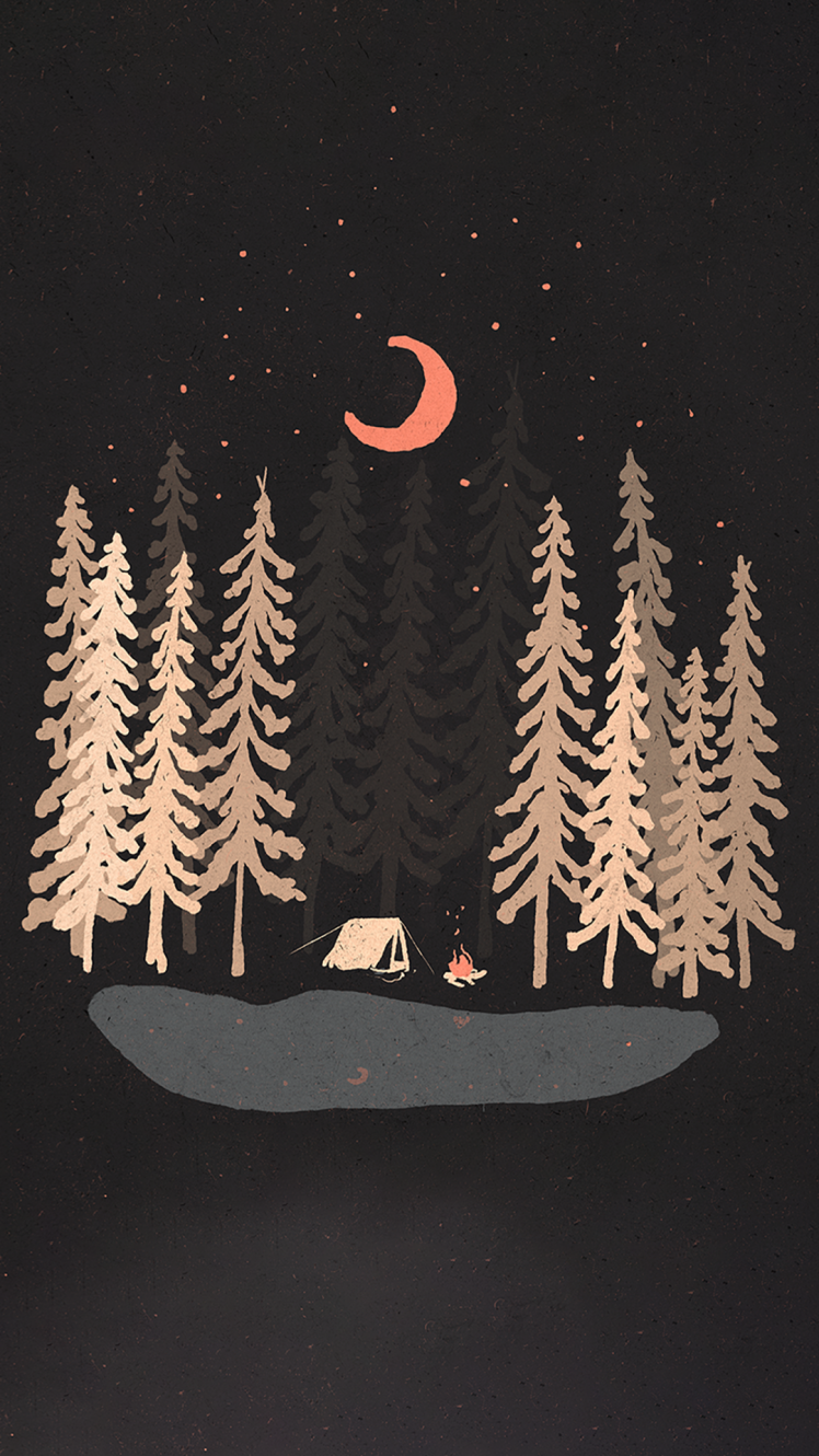 digital Art, Portrait Display, Nature, Trees, Forest, Camping, Water, Lake, Tent, Fire, Moon, Stars, Night, Simple Background HD Wallpaper Desktop Background