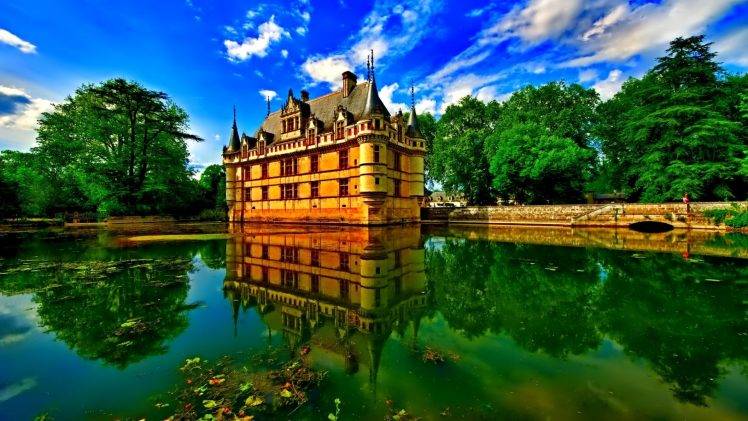 architecture, Castle, Water, Clouds, Lake, Reflection, Nature, Trees, Leaves, Walls, House HD Wallpaper Desktop Background