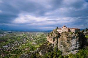 architecture, Castle, Clouds, Rock, Hill, Meteora, Greece, Monastery, Nature, Birds Eye View, Trees, Field, House, Village