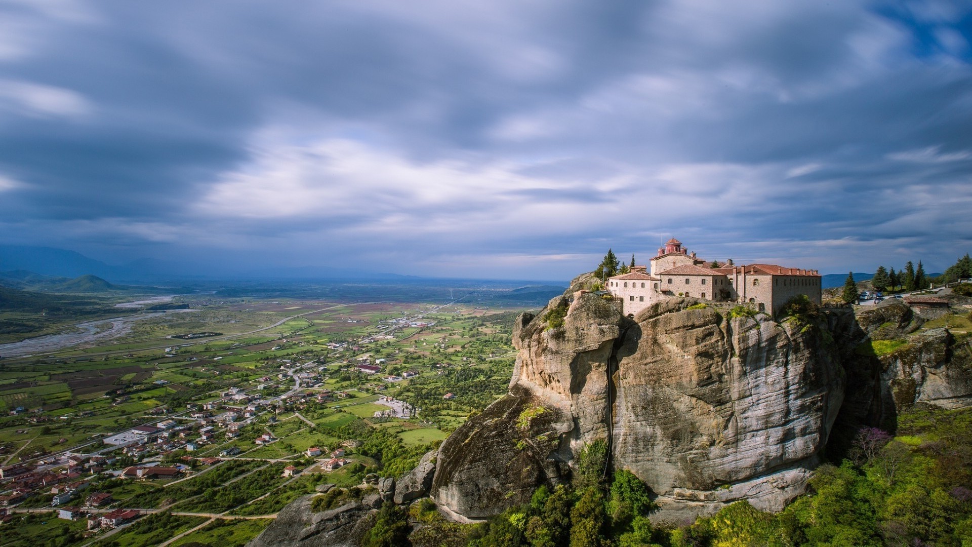 architecture, Castle, Clouds, Rock, Hill, Meteora, Greece, Monastery, Nature, Birds Eye View, Trees, Field, House, Village Wallpaper