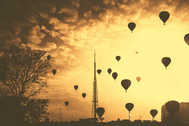 hot Air Balloons, Clouds, Nature, City, Trees, Silhouette, Contrast, Industrial, Cityscape, Sky, Sepia HD Wallpaper Desktop Background