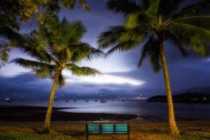 landscape, Nature, Harbor, Palm Trees, Bench, Evening, Sailing Ship, Lights, Coast, Hill, Sea, Australia