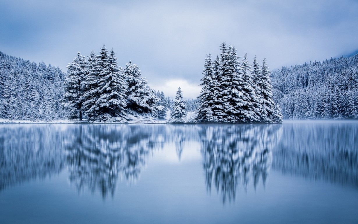 landscape, Nature, Lake, Forest, Hill, Overcast, Reflection, Winter, Cold, Snow, Pine Trees, Calm Wallpaper