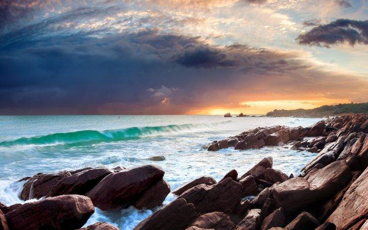 landscape, Nature, Sunrise, Sea, Coast, Waves, Rock, Sky, Clouds HD Wallpaper Desktop Background