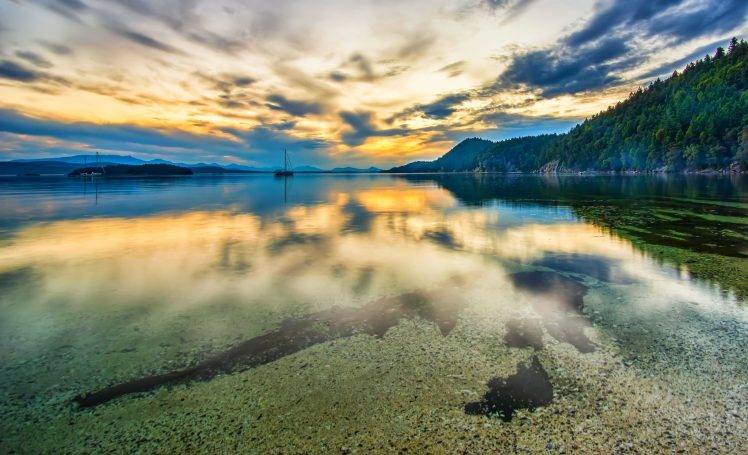 landscape, Nature, Island, Sunset, Harbor, Sea, Sailing Ship, Hill, Forest, Clouds, Sky, British Columbia, Canada HD Wallpaper Desktop Background