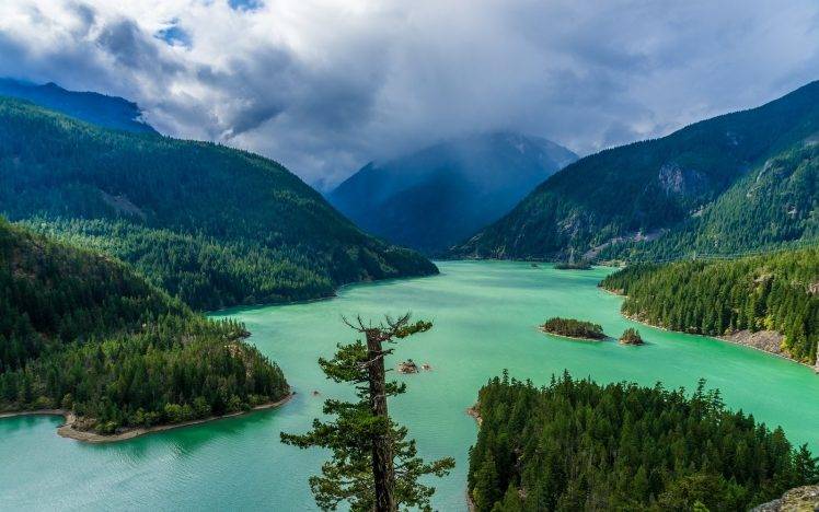 landscape, Nature, Green, Lake, Mountain, Forest, Clouds, Spring, Washington State HD Wallpaper Desktop Background