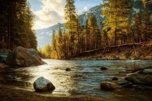 landscape, Nature, River, Forest, Fall, Mountain, Snow, Trees, Sunlight