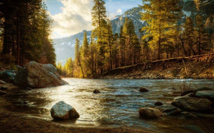 landscape, Nature, River, Forest, Fall, Mountain, Snow, Trees, Sunlight HD Wallpaper Desktop Background