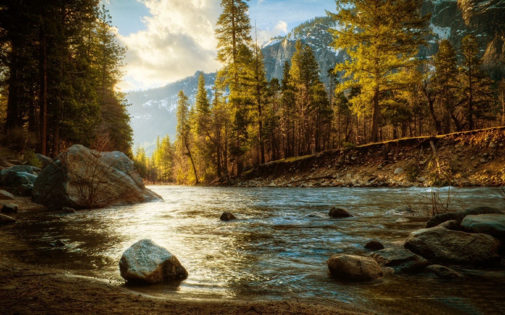 landscape, Nature, River, Forest, Fall, Mountain, Snow, Trees, Sunlight Wallpaper
