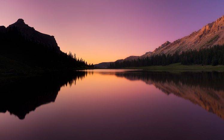 photography, Nature, Landscape, Water, Lake, Sunset, Trees, Mountain HD Wallpaper Desktop Background