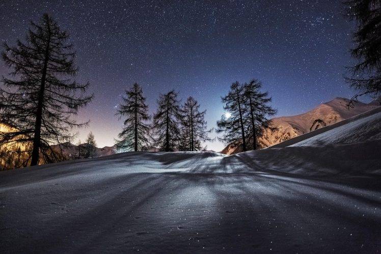 photography, Nature, Landscape, Trees, Night, Mountain, Moon, Snow HD Wallpaper Desktop Background
