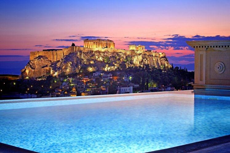 Athens, Greece, City, House, Building, Sunset, Evening, Sky, Clouds, Landscape, Cityscape, Swimming Pool, Lights HD Wallpaper Desktop Background