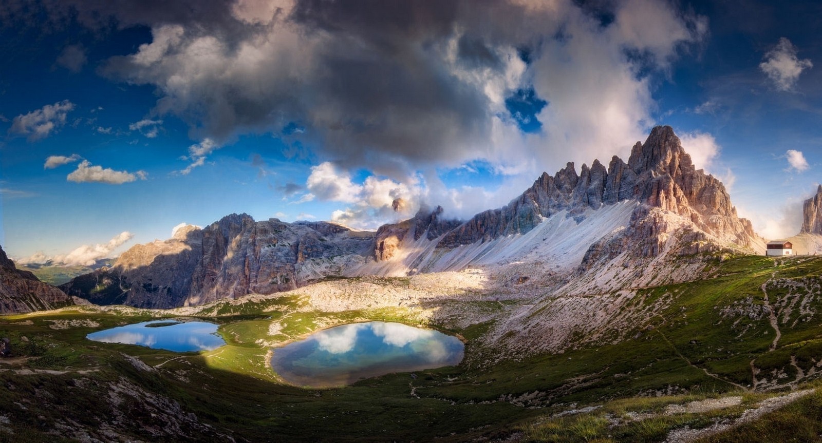 landscape, Nature, Mountains, Sunset, Lake, Cabin, Clouds, Summer, Dolomites (mountains), Alps, Italy Wallpaper