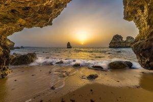 nature, Landscape, Cave, Beach, Sunrise, Rock, Sea, Sand, Horizon, Portugal