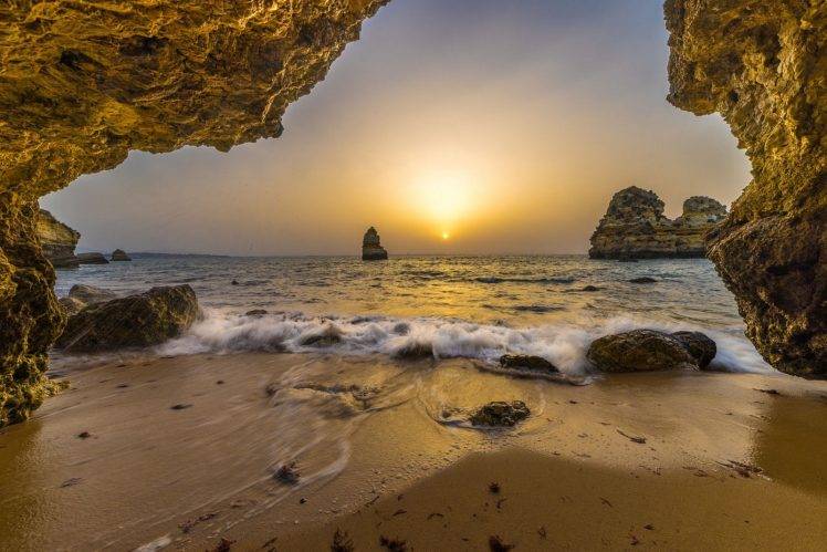 nature, Landscape, Cave, Beach, Sunrise, Rock, Sea, Sand, Horizon, Portugal HD Wallpaper Desktop Background
