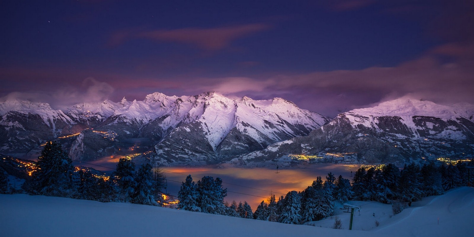 nature, Landscape, Mountains, Snow, Trees, City, Lights, Sunrise, Mist, Alps, Panoramas Wallpaper