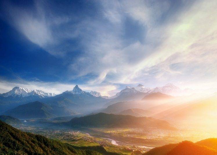 nature, Landscape, Mountains, Sunrise, Valley, Mist, River, City, Himalayas, Snowy Peak, Nepal, Clouds HD Wallpaper Desktop Background