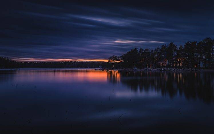 lake, Sunset, Clouds, Trees, Landscape, Reflection, Finland HD Wallpaper Desktop Background