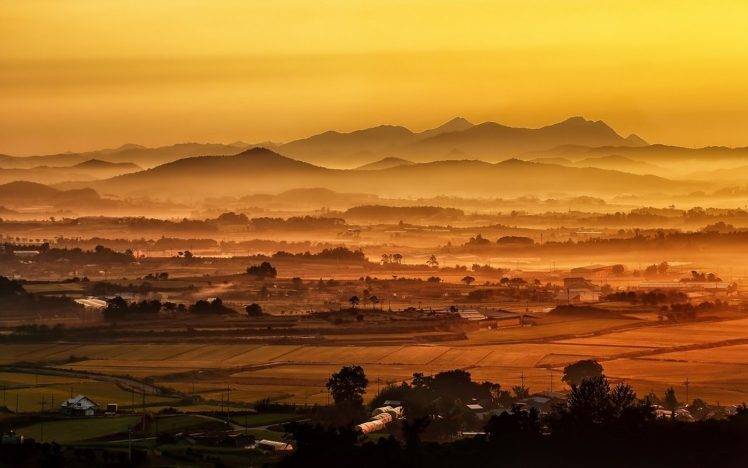 nature, Landscape, Mist, Valley, Sunrise, Mountains, Village, Amber, Field HD Wallpaper Desktop Background