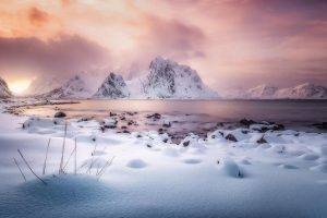 nature, Landscape, Winter, Mountains, Snow, Sunlight, Clouds, Fjord, Frost, Lofoten Islands, Norway