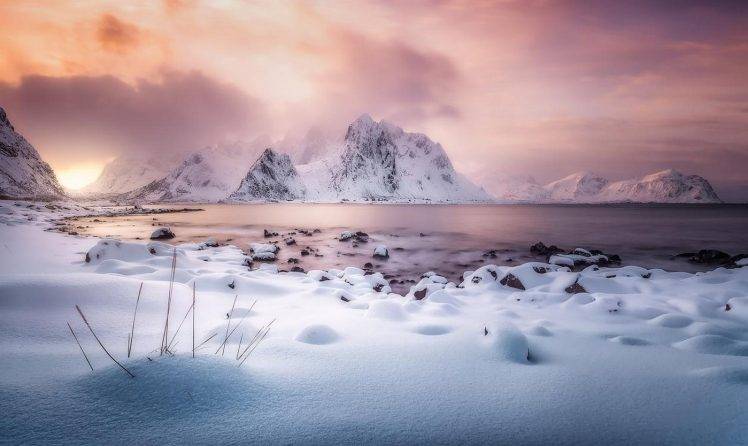 nature, Landscape, Winter, Mountains, Snow, Sunlight, Clouds, Fjord, Frost, Lofoten Islands, Norway HD Wallpaper Desktop Background