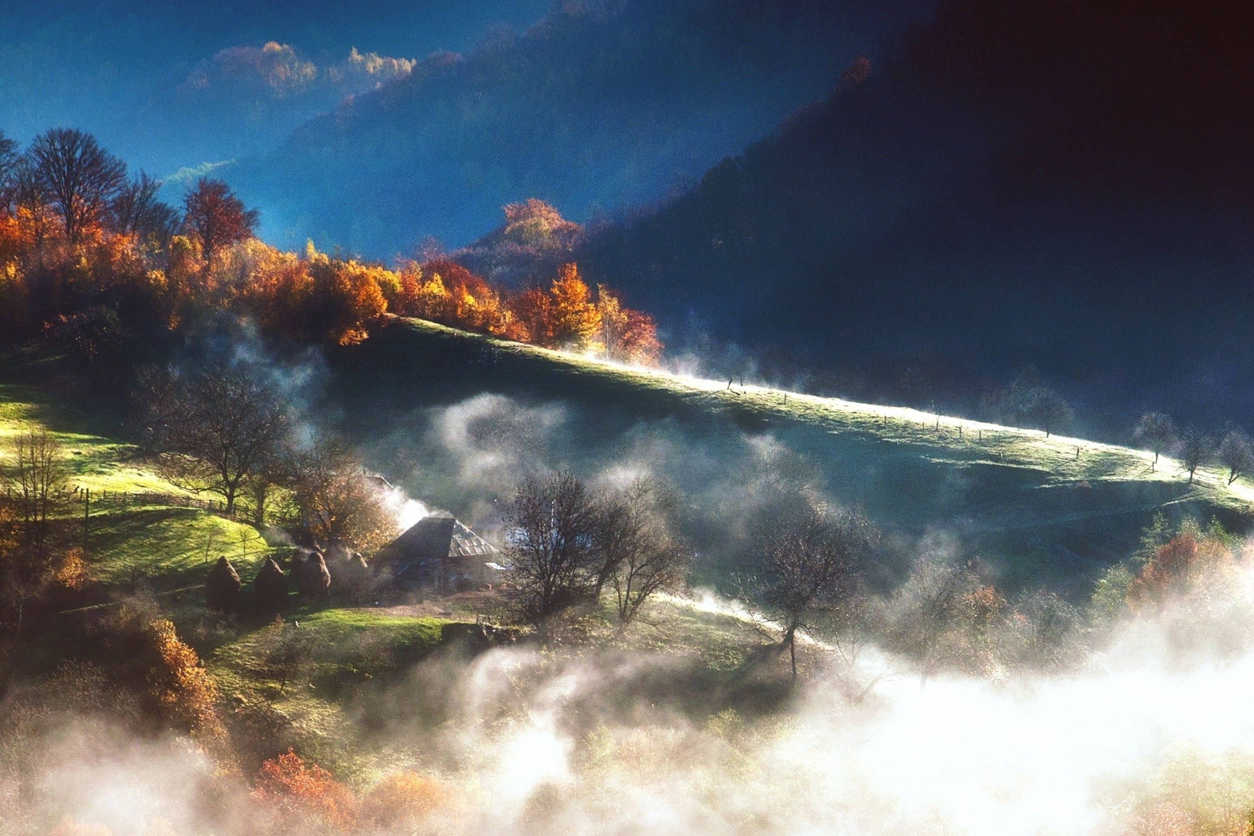nature, Landscape, Fall, Mountains, Sunrise, Mist, Trees, Hut, Forest, Sunlight Wallpaper