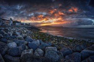 nature, Landscape, Coast, Sea, Sunrise, Sky, Clouds, Town, Rock, Island, UK