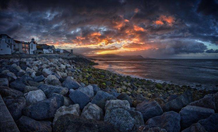 nature, Landscape, Coast, Sea, Sunrise, Sky, Clouds, Town, Rock, Island, UK HD Wallpaper Desktop Background