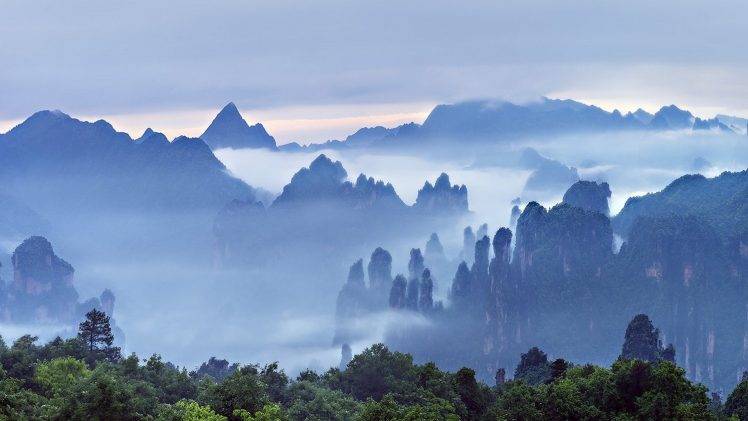 nature, Landscape, Morning, Mist, Mountains, Forest, Clouds, Sunrise, Trees, Guilin, China HD Wallpaper Desktop Background