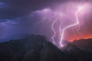 nature, Landscape, Mountains, Lightning, Storm, Electric, Clouds, Thunder, Death Valley, California