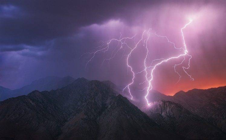 nature, Landscape, Mountains, Lightning, Storm, Electric, Clouds, Thunder, Death Valley, California HD Wallpaper Desktop Background