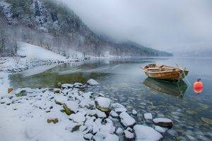 nature, Landscape, Snow, Lake, Mountains, Winter, Boat, Mist, Calm, Cold