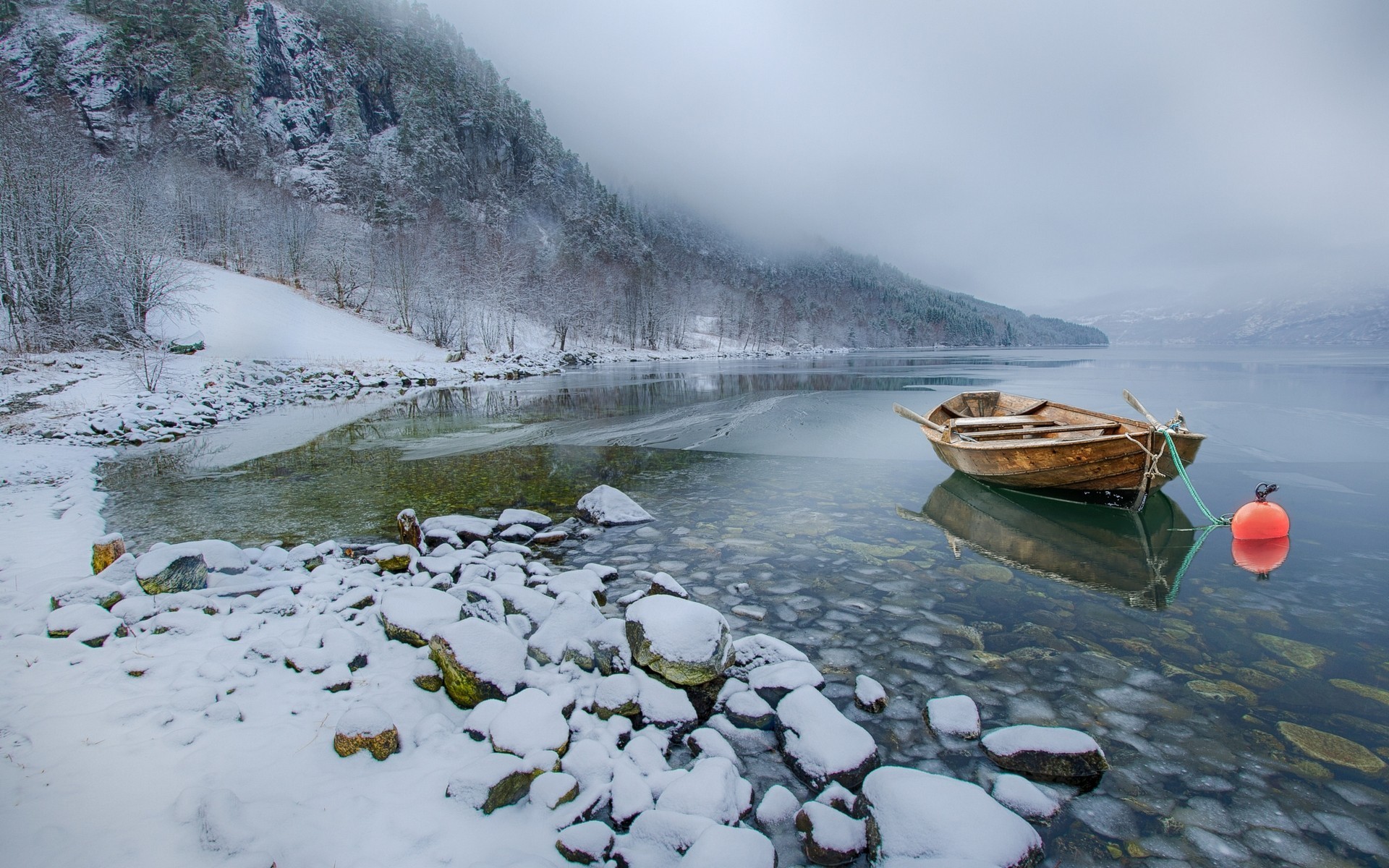 nature, Landscape, Snow, Lake, Mountains, Winter, Boat, Mist, Calm, Cold Wallpaper