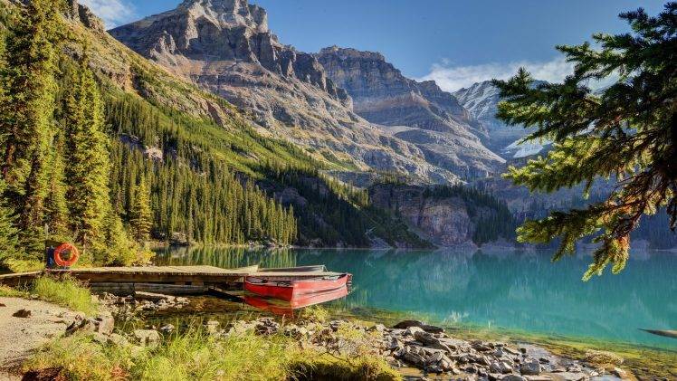 lake, Boat, Mountains, Landscape, Water, Trees HD Wallpaper Desktop Background