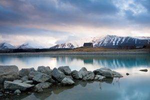 nature, Landscape, Water, Clouds, New Zealand, Lake, House, Trees, Rock, Mountains, Snowy Peak, Hills, Reflection, Stones, Mist