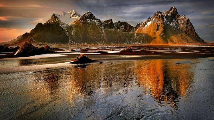 nature, Landscape, Water, Clouds, Iceland, Sea, Mountains, Sand, Snowy Peak, Reflection, Coast HD Wallpaper Desktop Background