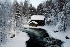 nature, Snow, Ice, River, Cabin, Trees