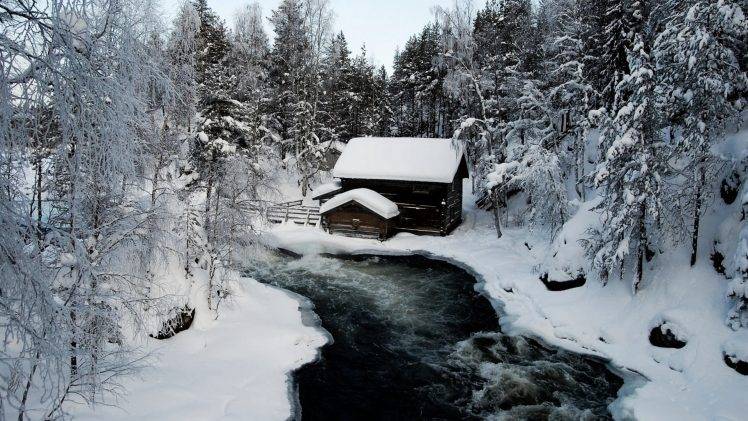 nature, Snow, Ice, River, Cabin, Trees HD Wallpaper Desktop Background