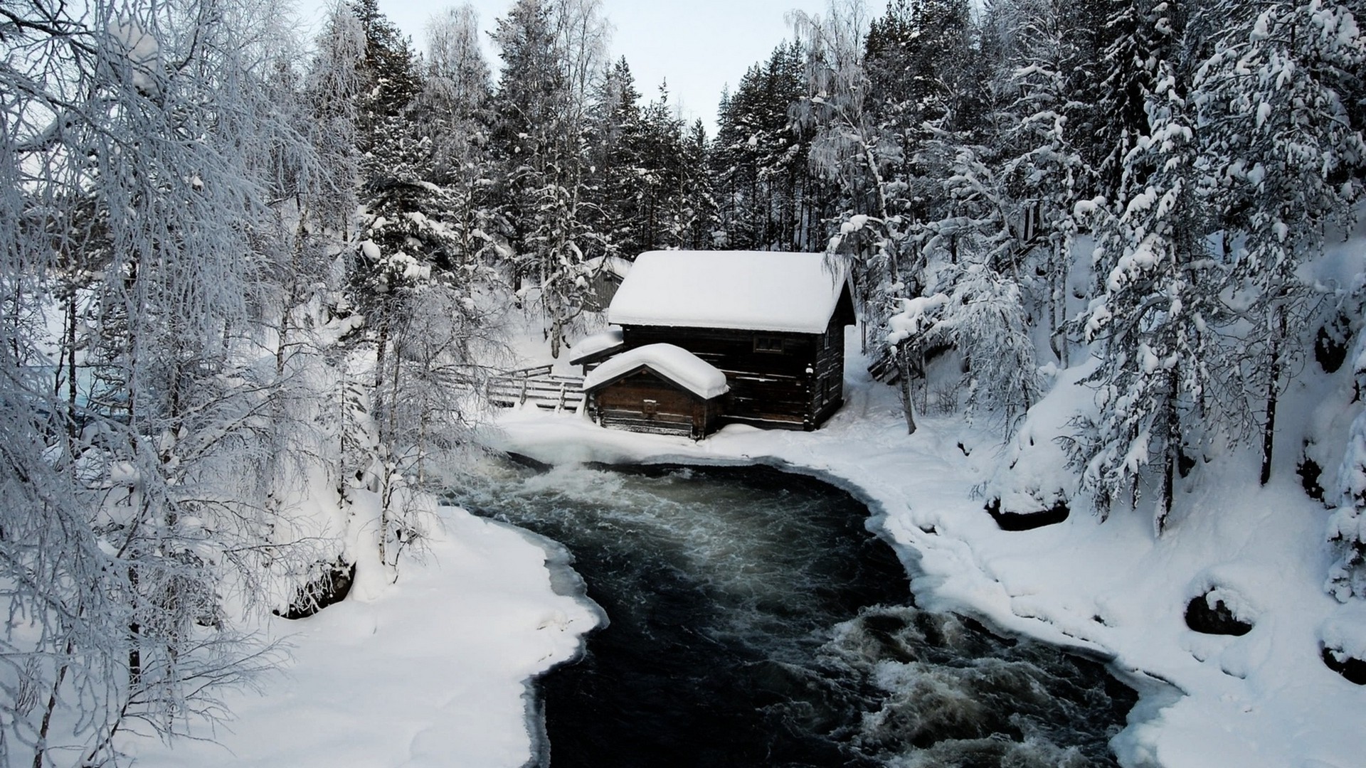 nature, Snow, Ice, River, Cabin, Trees Wallpaper