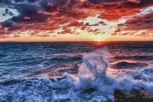 nature, Sea, Water, Waves, HDR, Sunset, Clouds
