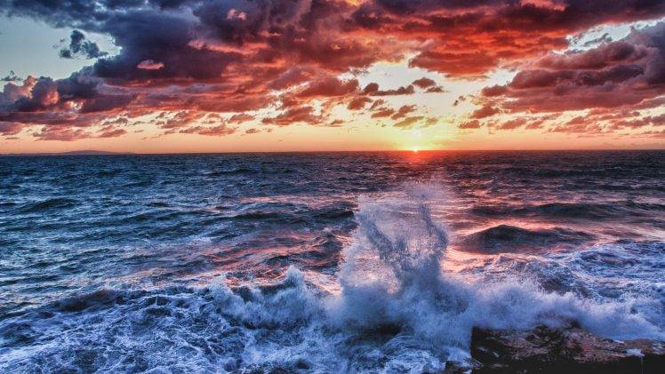 nature, Sea, Water, Waves, HDR, Sunset, Clouds HD Wallpaper Desktop Background