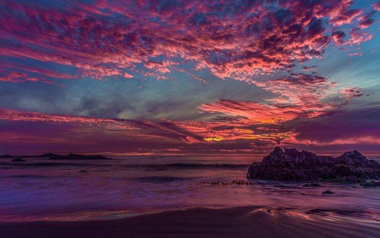 landscape, California, Sunset, Clouds, Rock, Sea, Bay